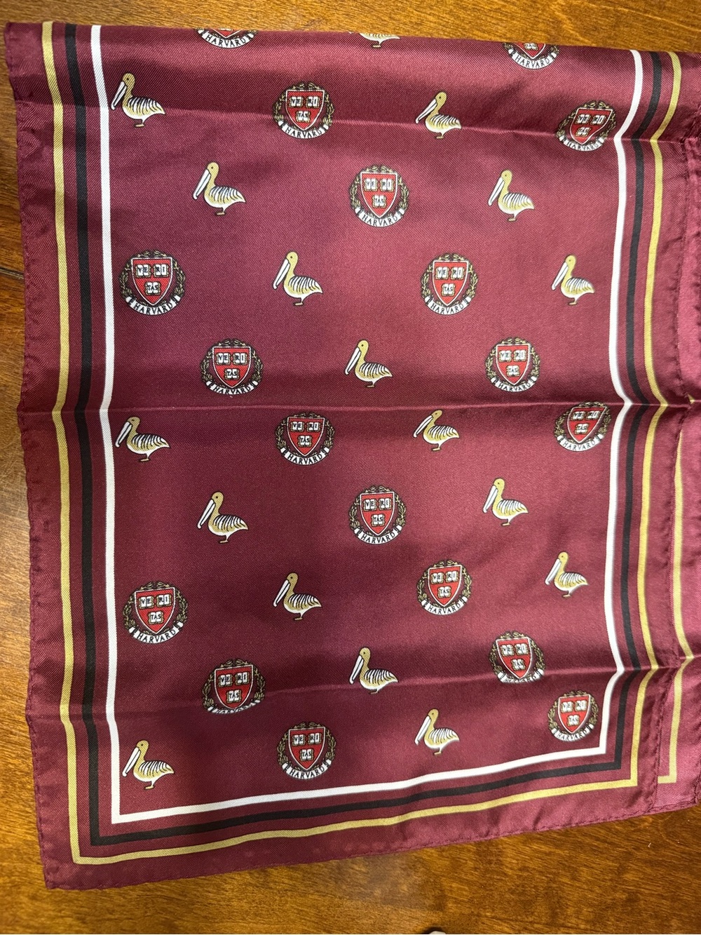 Vintage Harvard University Silk Pocket Square Scarf Maroon Pelican Crest Shield
